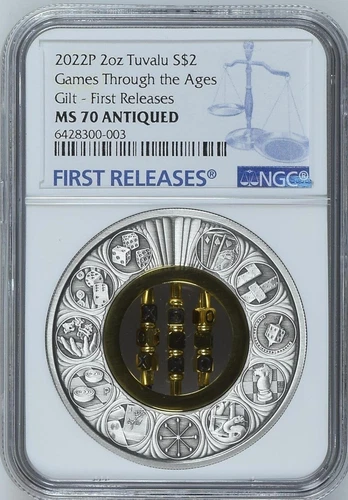 NGC MS70 FR Tuvalu 2022 Games Through the Ages Gilt Silver Coin 2oz