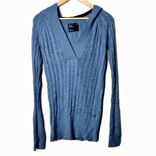 AMERICAN EAGLE Womens Blue Knit V Neck Pullover Sweater Hoodie L eBay