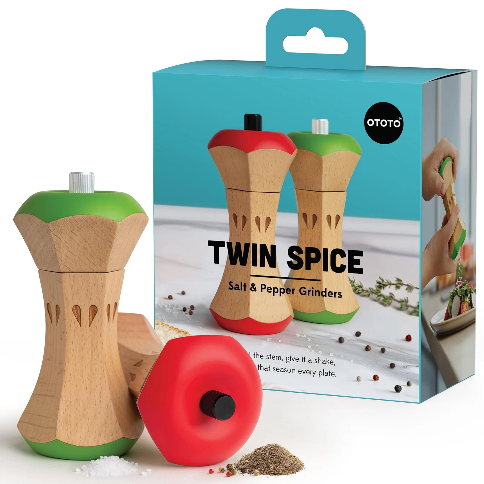 OTOTO Twin Spice Salt and Pepper Grinder Set - Apple-Designed Red/Green
