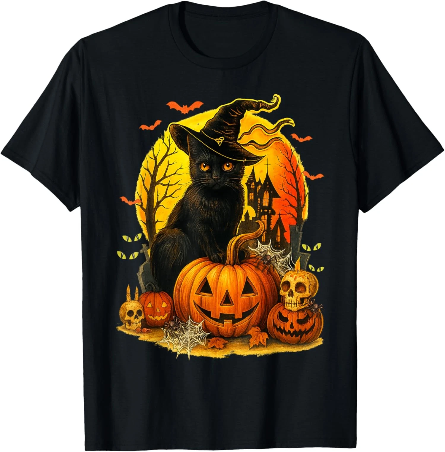 Retro Halloween Black Cat Witch and Pumpkin Unisex T-Shirt