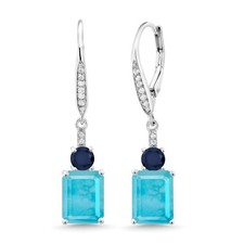 925 Sterling Silver Green Turquoise Sapphire and White Topaz Dangle Earrings