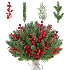 Hopply 60pcs Christmas Artificial Pine Sprigs Branches with Red Berry Stems,3.9?