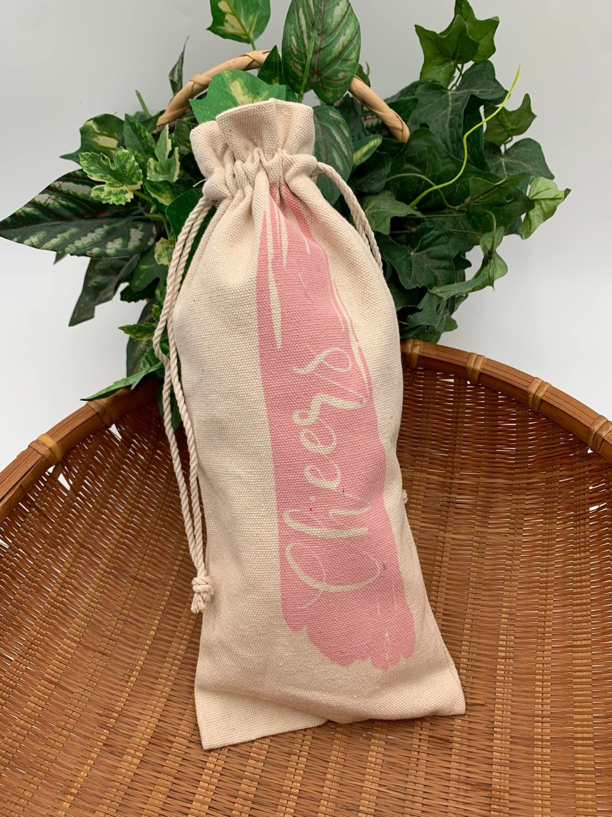 Canvas Wine Bottle Gift Bag – “Cheers” Design – Reusable Drawstring Pouch