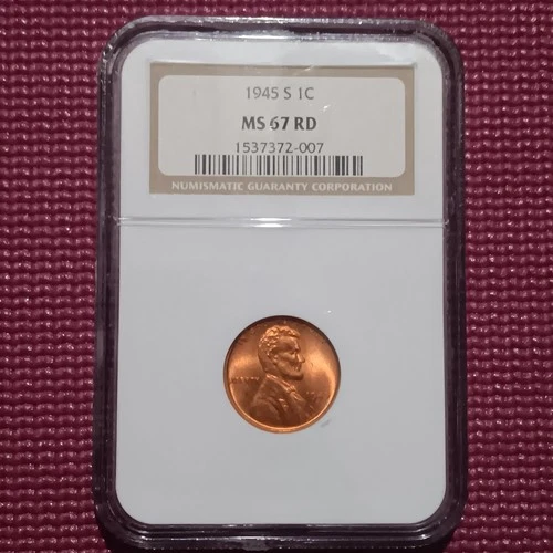 1945-S Lincoln Wheat Penny NGC MS67 RD BU Uncirculated Cent GEM