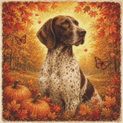 Portugiesischer Zeigerwelpe Hund im Herbst. Kreuzstich gezählt