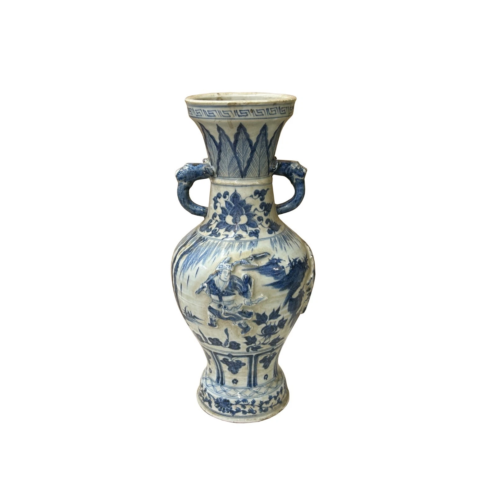 Oriental Distressed White Blue Relief People Motif Porcelain Art Vase GB289