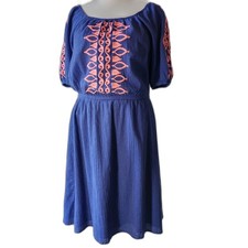 Talbots -Sz L- 100% Cotton Blue Gauze Boho Mini Dress with Peachy Embroidery