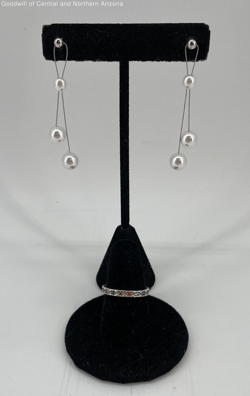 925 Sterling Silver Faux Pearl Earrings & Size 5.75 Colored CZ Ring 3.75g