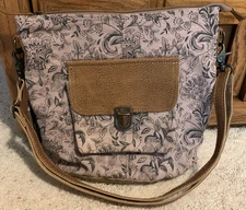 Myra Doyen Shoulder Bag Purse Crossbody Leather Canvas Brown Gray Boho Western 