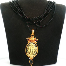 Vintage Leslie Block Cameo Necklace Multi-Strand Black Beaded Statement 16 in