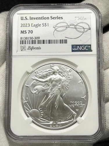 2023 $1 American Silver Eagle NGC MS70 1 oz Coin US Invention Series - Bifocals