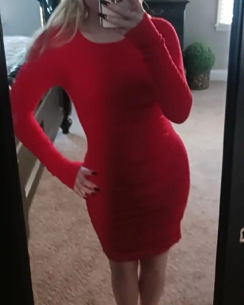 Women's Red Solid Bodycon Dress M Knee Length Long Sleeve Scoop Neck Stretch