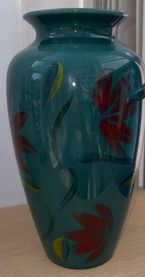 POOLE KERAMIK VINTAGE VASE - grün mit roten & gelben Blumen in neuwertigem Zustand 25 cm 