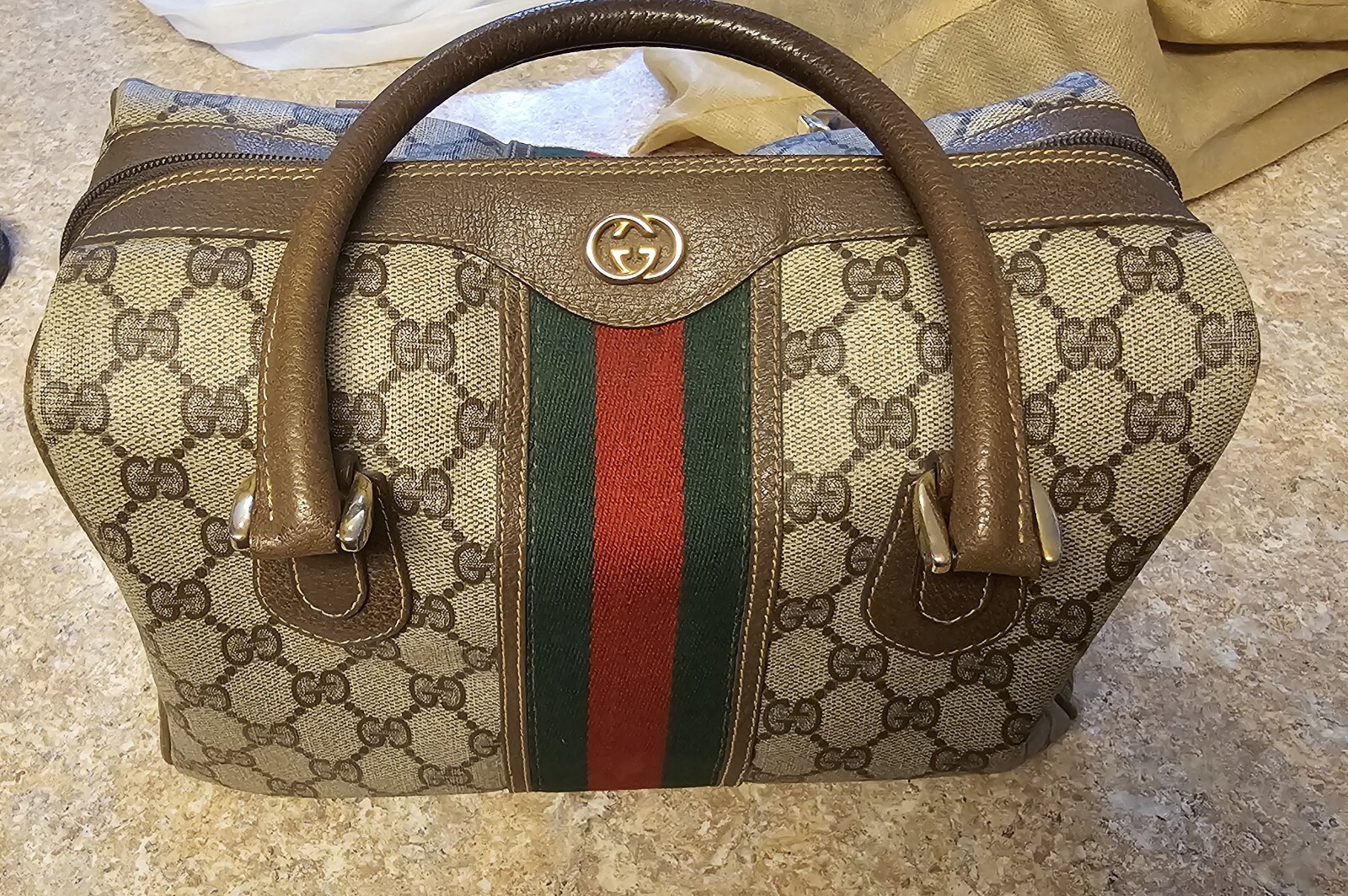 Vintage Gucci GG Monogram Boston Speedy Bag Large Brown Leather