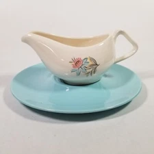 1950's STEUBENVILLE FAIRLANE Pottery GRAVY boat w/ turquoise  under plate MCM