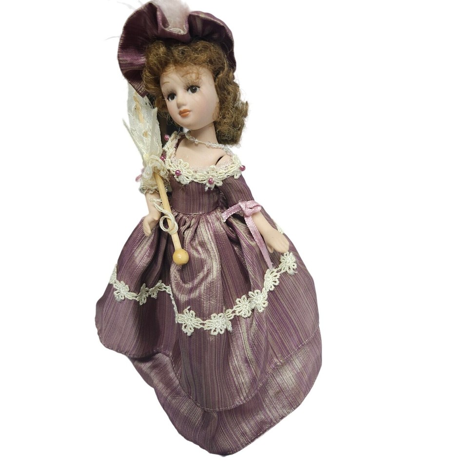 VTG Porcelain Doll Small With Hat Silky Crochet Beaded Dress Curly