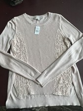 NWT Ann Taylor LOFT Ivory Cream Lace Edge Front Panel Sweater Hi-low Hem, XS TOP