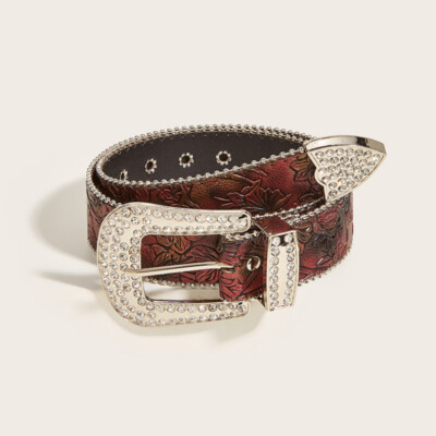 Unisex Western Rhinestone Studded Faux Leather Belt with Detachable Buckle Women Western Rhinestone Studded Leather Belt Cowgirl Bling  main image 3