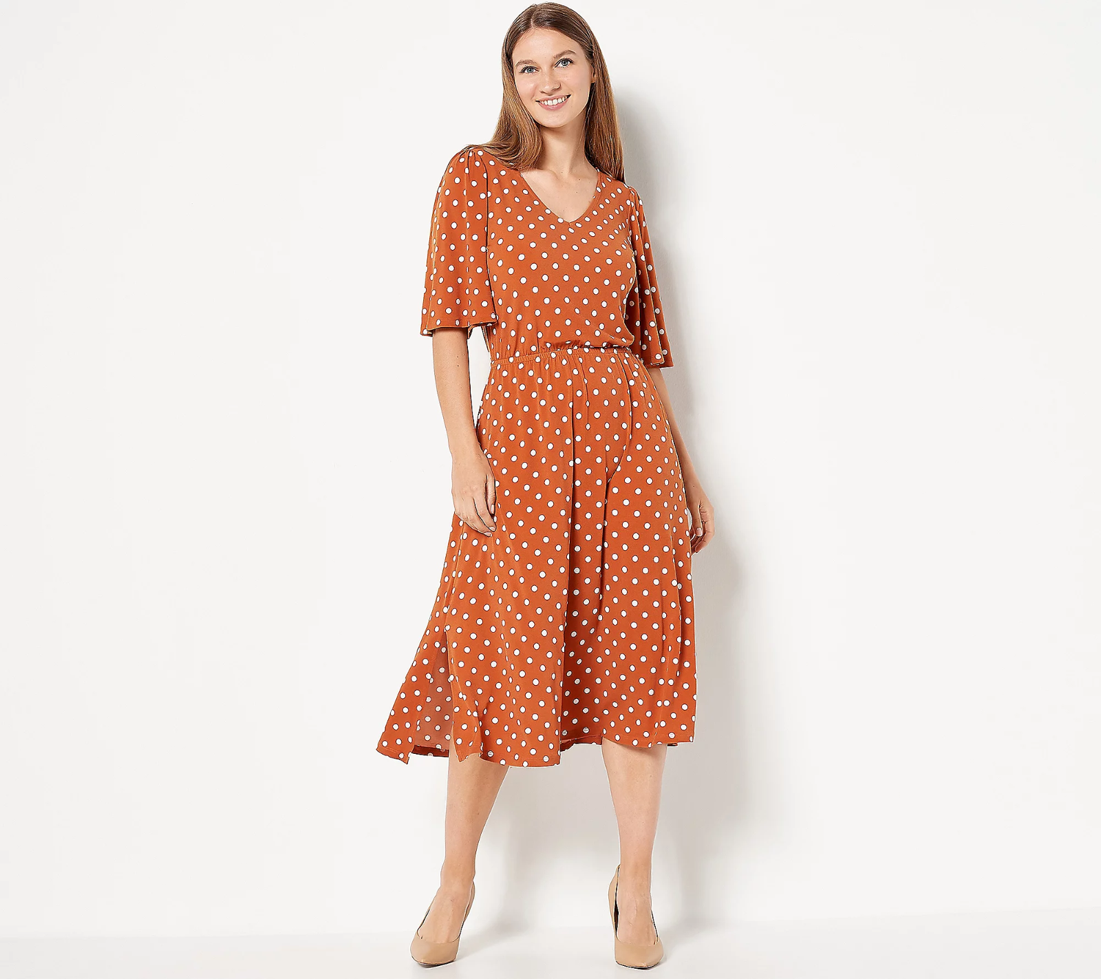 Girl With Curves Regular Knit Midi Dress with Flutter Sleeve Brown S