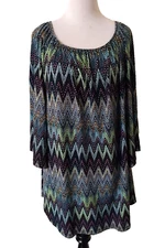 Dressin Gaudy Blouse Large Multicolor Geometric Scoop Neck 3/4 Bell Sleeve