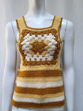 Vintage 70s Gold Hand Crochet Granny Square Sweater Vest Top - Size XS/S - EUC