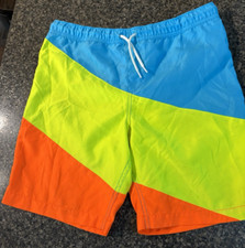 LANDS' END Husky Boy's 14H-16H Colorblock Volley Swim Trunks NEON