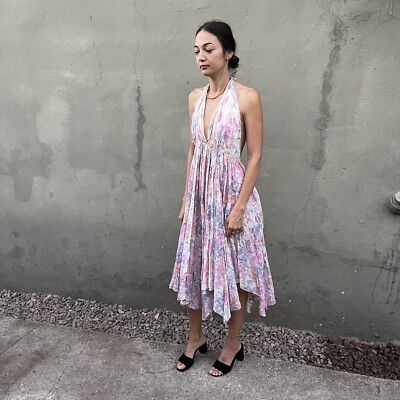 Vintage India By ADINI Boho Gauze Halter Pink Floral Dress One of