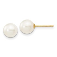 14k Yellow Gold 6-7mm White Round Freshwater Cultured Pearl Stud Earrings 0.1g