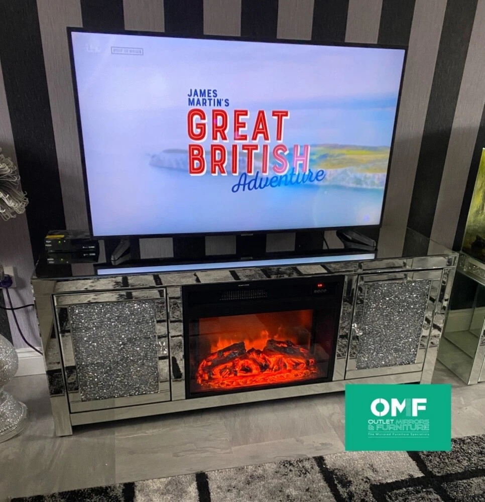 Fireplace tv stand 2024 with mirror doors