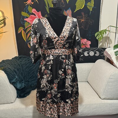 H&M V-Neck Kimono Sleeve Kaftan Style Floral Print Dress, Black Pink, US  10