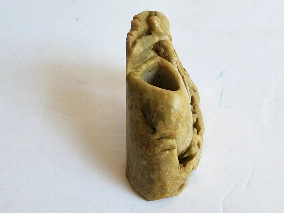 Antigua olla de cepillo china de piedra de jabón tallada a mano decorativa oriental intrincada Foto 4 de 4