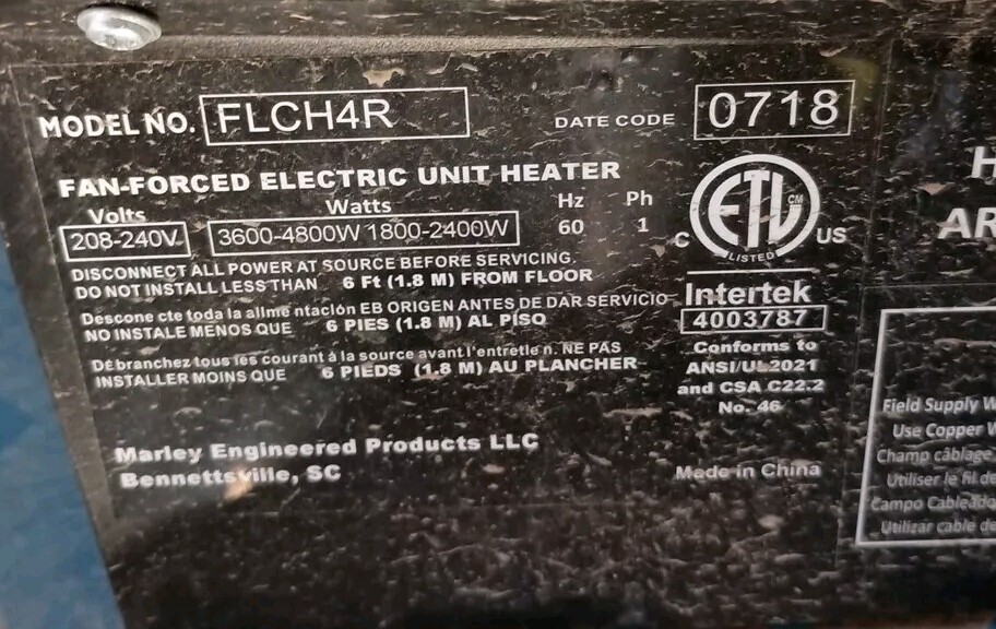 Marley FLCH4R 240-Volt 4,800-Watt Garage Heater