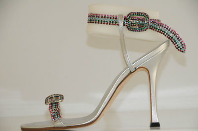 Sandales Manolo Blahnik Argent Métallisé - Talons Hauts Cristal - Taille 37 - Neuf Sans Boîte