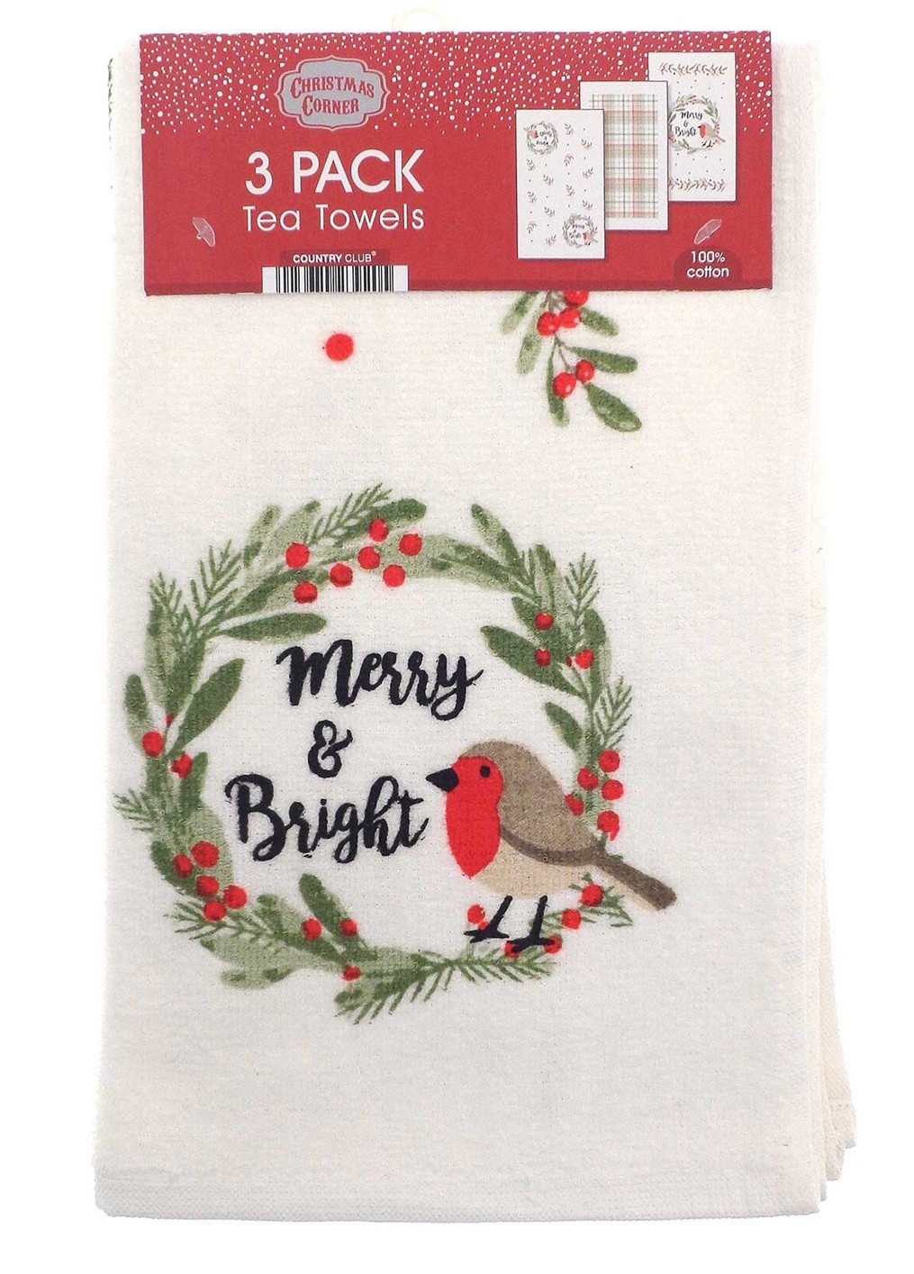 3pk Berry Botanical Robin Christmas Towels Kitchen Dry Cleaning Dish Tea Cloth