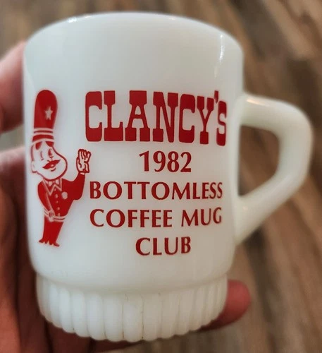 VTG Anchor Hocking Fire King 1982 Milk Glass Mug Clancy's Bottomless Coffee Club