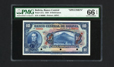 BOLIVIA SPECIMEN Banknote P121 s , 1928 , 10 Bolivianos PMG 66 EPQ Simón Bolívar