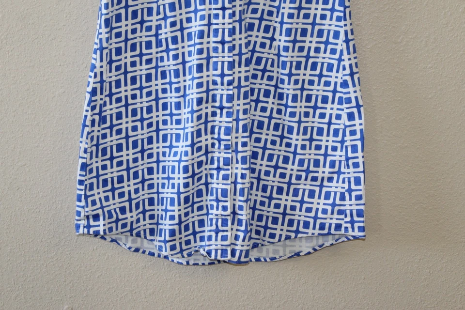 Vestido Julie Marrón Azul Blanco Geométrico 6 Sin Mangas Botón Frontal Mezcla Algodón Foto 3 de 4