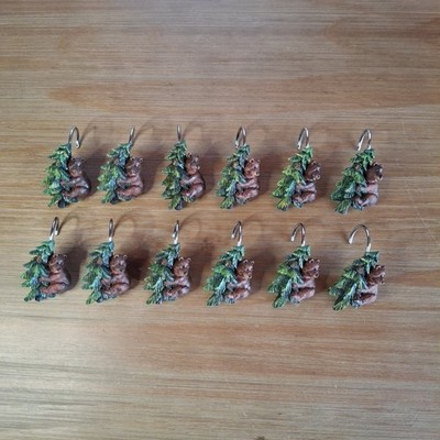 12 pc Set Resin Shower Curtain Hooks Brown Bear Tree Cabin Outdoors Rustic Lodge