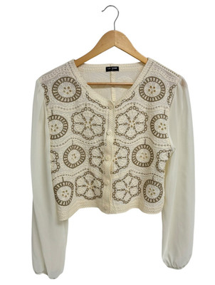 La Seine women's Blouse  sropped sheer sleeve crochet knit front size M/L