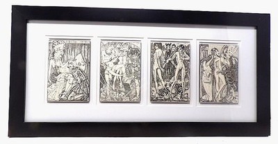 MAHLON BLAINE - 4 ILLUSTRATIONS VOLTAIRE'S CANDIDE MATTED & FRAMED - 22 1/2''X11''