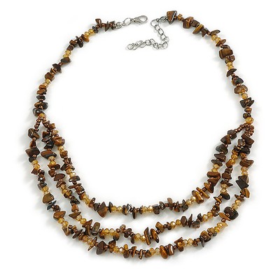 Dunkelbraune Halbedelsteine Nugget/Gold Karamell Glasperlen Lagenlook Halskette/50cm