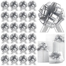 24 PCS Silver Pull Bow Gift Wrapping 6 Inch Silver Basket Presents Ribbon Wrap