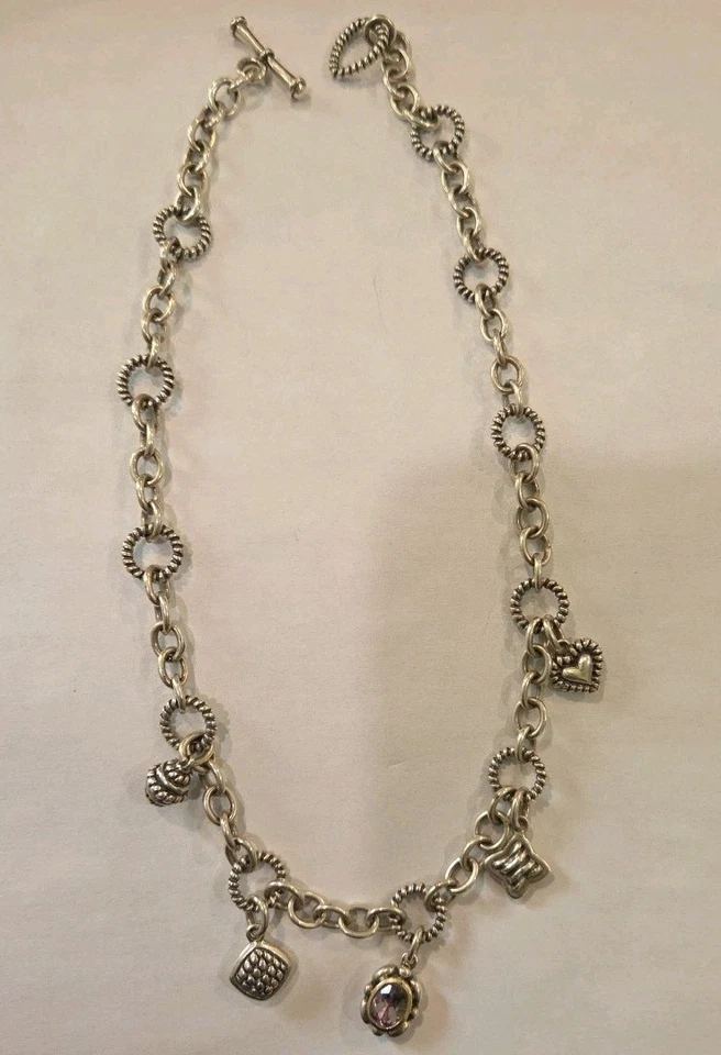 Collar vintage de plata esterlina de 16" con dije de palanca corazón amatista bellota 40,3 g Foto 2 de 4