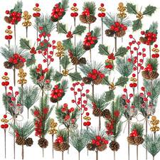 42 Pcs Christmas Picks with Pine Cones Holly Berry Artificial Red Berries Stems