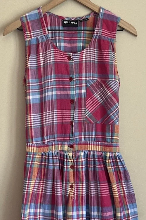 Dress Plaid Madras Vintage Sundress Fit Flare 80s 90s Womens Size Medium - Image 3 of 4