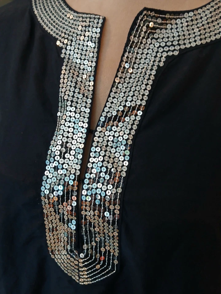 Blusa túnica azul seda Alfani mezcla algodón lentejuelas plateadas mujer plus 16W... Foto 4 de 4