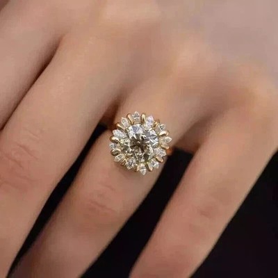 2CT Round Cut Moissanite Sunflower Engagement Ring 14k Yellow Gold Plating