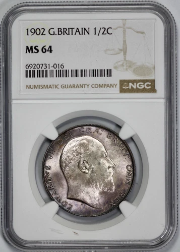 1902 Great Britain Silver 1/2C Half Crown NGC MS 64 Amethyst Toning