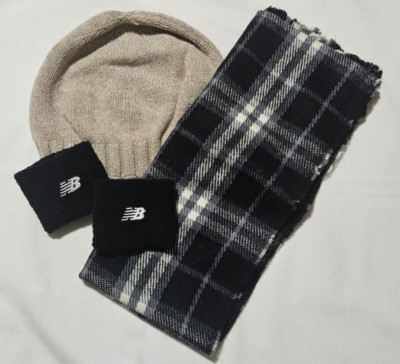 3 Winter Accessory Set Eddie Bauer Beanie New Balance Wristbands Plaid Scarf vtg