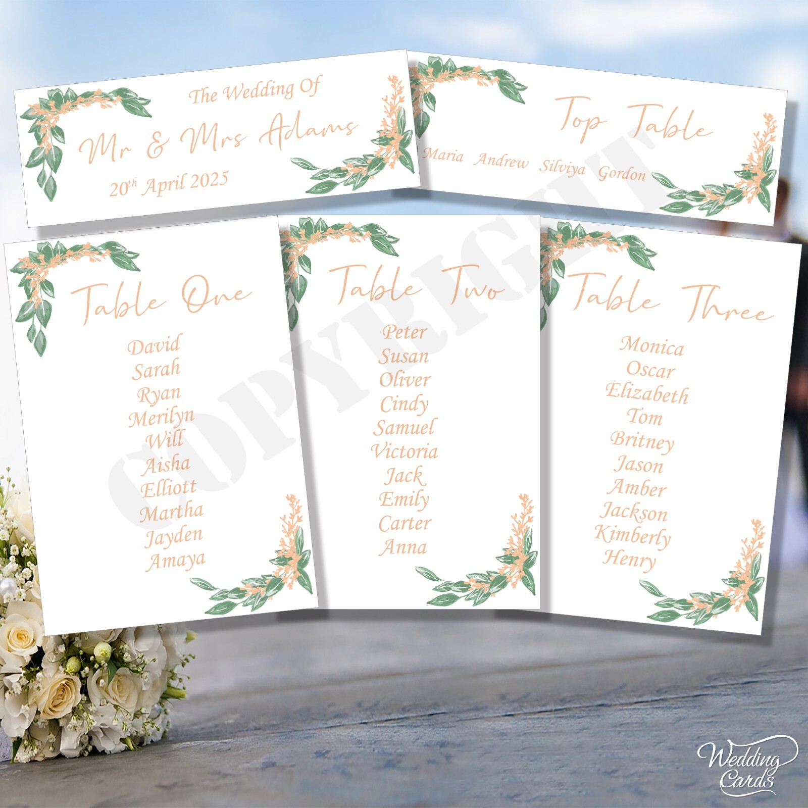 Personalised Wedding Party Table Plan Name seating chart Place Card Stamens A5